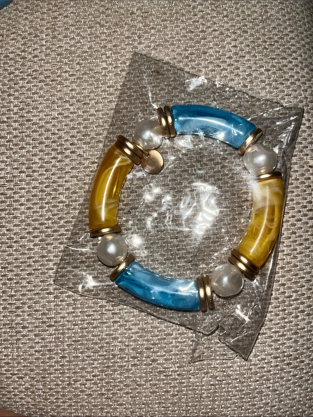 Plunder Blue and Yellow Bead Stretch Bracelet with Pearl and Gold Accents